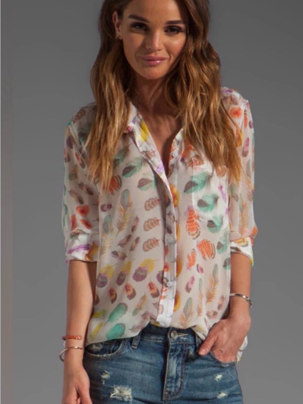 Equipment Femme Silk Daddy Feather Button Up